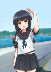 Rule 34 | 1girl, absurdres, anchor symbol, black eyes, black hair, black sailor collar, black skirt, blue sky, blunt bangs, braid, cosplay, cowboy shot, day, female focus, fubuki (kancolle), fubuki (kancolle) (cosplay), hair between eyes, highres, isonami (kancolle), kantai collection, landscape, looking at viewer, midriff peek, original remodel (kantai collection), outdoors, pleated skirt, sailor collar, school uniform, serafuku, sidelocks, skirt, sky, solo, toplow, twin braids