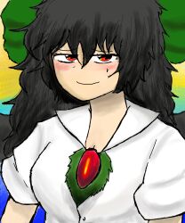 absurdres black_hair gradient_background green_ribbon hair_between_eyes highres red_eyes reiuji_utsuho ribbon shirt short_sleeves smile sweatdrop tomino&#039;s_hell touhou white_shirt