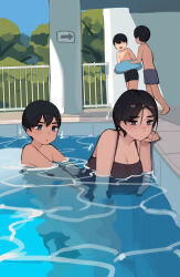 1girl 3boys age_difference akiyama_minato_(pepper0) akiyama_toru_(pepper0) akiyama_yuko_(pepper0) akiyama_yuto_(pepper0) arrow_(symbol) black_hair black_one-piece_swimsuit black_shorts blue_eyes blue_shorts blue_sky blush breasts brothers clothes_pull cloud day faceless faceless_male grabbing_another&#039;s_waist grabbing_from_behind hand_on_own_chin hand_on_own_face hand_up highres implied_sex incest innertube large_breasts mother_and_son multiple_boys nude one-piece_swimsuit onee-shota open_mouth original outdoors pants pants_pull partially_submerged pepper0 pillar pool public_indecency railing sex sex_from_behind short_hair shorts shorts_pull shota siblings sign sky smile standing stealth_sex swim_cap swim_ring swimsuit topless_male tree walking water