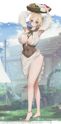 Rule 34 | 1girl, absurdres, anklet, armpit cutout, armpits, arms up, barefoot, basket, blonde hair, blue eyes, blue sky, blush, breasts, cleavage, cleavage cutout, clothing cutout, cloud, dress, flower, grass, green ribbon, hair between eyes, highres, holding, holding basket, jewelry, large breasts, light blush, light smile, long sleeves, on grass, original, outdoors, plant, puffy sleeves, ribbon, short hair, side slit, sky, solo, suerte, underbust, vines, white dress