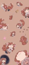 Rule 34 | 1girl, :3, animal ears, bang dream!, black socks, brown background, brown eyes, brown hair, brown skirt, bug, butterfly, cat ears, cat girl, cat tail, chibi, chibi only, closed eyes, closed mouth, commentary, cookie, food, grey jacket, haneoka school uniform, highres, imai lisa, insect, jacket, kanade (kanade 3344), kemonomimi mode, long hair, meme, multiple views, open mouth, pleated skirt, school uniform, skirt, socks, space cat (meme), symbol-only commentary, tail, zzz
