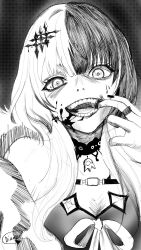 1girl choker diamon_(diamonmurly) dress greyscale highres hololive hololive_english ink_on_face jewelry long_hair looking_at_viewer monochrome multicolored_hair open_mouth ribbon ring shiori_novella shiori_novella_(1st_costume) solo split-color_hair teeth virtual_youtuber