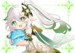 1girl cape commentary_request detached_sleeves dress fungi_(genshin_impact) genshin_impact gold_trim gradient_hair green_cape green_eyes green_hair green_sleeves hair_between_eyes hair_ornament highres holding leaf_hair_ornament long_hair looking_at_viewer multicolored_hair nahida_(genshin_impact) open_mouth pointy_ears side_ponytail simple_background sleeveless sleeveless_dress solo symbol-shaped_pupils teeth tokachi_kotone upper_teeth_only white_background white_dress white_hair