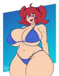 Rule 34 | 1girl, absurdres, ahoge, arms behind back, bikini, blue background, blue bikini, breasts, cleavage, commentary, commission, curvy, elfabienst, english commentary, hair bobbles, hair ornament, highres, huge breasts, looking at viewer, navel, onozuka komachi, open mouth, red eyes, red hair, signature, skindentation, smile, solo, stomach, swimsuit, teeth, touhou, two side up, upper teeth only, wide hips