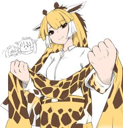 2girls animal_ears animal_print blonde_hair bokoboko_(pandagapanda1) brown_eyes brown_hair chibi chibi_inset collared_shirt from_below giraffe_ears giraffe_girl giraffe_horns giraffe_print hair_between_eyes high-waist_skirt horns kemono_friends lion_(kemono_friends) lion_ears lion_girl long_hair long_sleeves looking_at_viewer multicolored_hair multiple_girls pleated_skirt print_scarf print_skirt print_sleeves reticulated_giraffe_(kemono_friends) scarf shirt short_sleeves sidelocks skirt unworn_scarf white_hair white_shirt