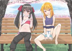 2girls barefoot bench black_hair blonde_hair blush brown_eyes cherry_blossoms closed_mouth clothes_lift clothes_pull commission eyebrows_hidden_by_hair flat_chest hair_between_eyes hanami highres idolmaster idolmaster_cinderella_girls idolmaster_cinderella_girls_u149 loli long_hair looking_at_viewer matoba_risa multiple_girls navel nekokyun on_bench open_mouth pants park_bench purple_shirt purple_sports_bra red_eyes red_sports_bra shirt shirt_lift shirt_pull short_hair shorts sitting smile sports_bra spring_(season) stomach sweatpants toes twintails white_shorts yuuki_haru