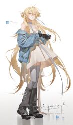 1girl bare_shoulders black_gloves black_shoes blonde_hair blue_jacket commentary dress full_body gloves grey_thighhighs hair_between_eyes highres jacket leg_warmers long_hair long_sleeves off_shoulder open_clothes open_jacket original parted_lips qianben_shan shoes signature simple_background sleeveless sleeveless_dress solo standing thighhighs very_long_hair white_background white_dress yellow_eyes