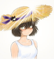 1girl bare_shoulders brown_hair collarbone green_eyes hat highres nazo_no_kanojo_x shirt short_hair simple_background sleeveless sleeveless_shirt solo straw_hat sunlight tsubaki_mikoto urabe_mikoto white_background white_shirt