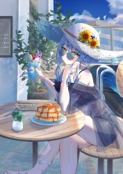 Rule 34 | 1girl, absurdres, alternate costume, bare shoulders, bikini, black bikini, blue hair, blue nails, blue sky, blush, bracelet, cafe, crossed legs, cup, day, drink, drinking glass, drinking straw, feet, flower, food, frills, fruit, hair between eyes, hat, hat flower, head rest, highres, holding, holding cup, hololive, jewelry, long hair, looking at viewer, looking over eyewear, menu board, navel, outdoors, pancake, plant, pointy ears, sandals, see-through clothes, sidelocks, sitting, sky, solo, straw hat, sun hat, sunflower, sunglasses, swimsuit, table, toes, ulooon11, virtual youtuber, yellow eyes, yukihana lamy
