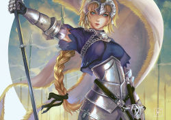 Rule 34 | 1girl, armor, blonde hair, braid, breasts, capelet, chain, cowboy shot, fate/apocrypha, fate (series), faulds, female focus, gauntlets, green eyes, head tilt, headpiece, holding, jeanne d&#039;arc (fate), jeanne d&#039;arc (ruler) (fate), long hair, looking at viewer, outstretched arm, short sleeves, solo, standing, sword, vambraces, washuu, weapon
