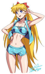 Rule 34 | 1girl, aino minako, bishoujo senshi sailor moon, blonde hair, blue bustier, blue eyes, blue shorts, blue vest, bow, breasts, cleavage, hair bow, highres, long hair, midriff, navel, red bow, shorts, simple background, small breasts, smile, solo, thighs, tomizofu, v, very long hair, vest, white background