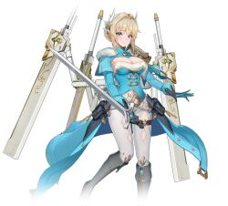 1girl armor belt black_gloves blonde_hair blue_eyes blue_gloves blush boots braid breasts capelet cleavage cleavage_cutout closed_mouth clothing_cutout coattails elf floating floating_object floating_weapon fur_trim gloves gold_trim hair_bun hair_intakes hair_ornament holding holding_sword holding_weapon knee_boots large_breasts long_sleeves looking_at_viewer official_art pants pauldrons pointy_ears sheath shoulder_armor shrug_(clothing) sidelocks single_hair_bun single_pauldron solo starward sword tachi-e thigh_cutout thigh_strap transparent_background weapon white_pants yammyn