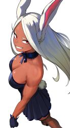 1girl alternate_costume animal_ears bare_shoulders black_shoes boku_no_hero_academia breasts choker cleavage clothing_cutout commentary dark-skinned_female dark_skin dress fishnet_thighhighs fishnets floating_hair frilled_choker frills from_above from_side gloves grin high_heels highres hitomazuk large_breasts long_eyelashes long_hair looking_at_viewer mirko parted_bangs pumps purple_choker purple_dress purple_gloves rabbit_ears rabbit_girl rabbit_tail red_eyes ribbon_choker shoes simple_background smile solo strapless strapless_dress symbol-only_commentary tail tail_through_clothes thighhighs toned toned_female very_long_hair white_background white_hair