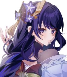 1girl black_gloves blush braid expressionless fingerless_gloves flower genshin_impact gloves hair_flower hair_ornament highres japanese_clothes kimono long_hair looking_at_viewer nape purple_eyes purple_hair purple_kimono purple_nails raiden_shogun rei_(sss35_ss3) single_braid solo