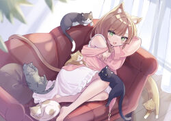 Rule 34 | 1girl, :d, animal ear fluff, animal ears, barefoot, blurry, blurry foreground, blush, blush stickers, brown hair, brown tail, cat, cat ears, cat girl, cat tail, couch, curtains, day, dress, fang, frilled dress, frills, full body, green eyes, hatsuse kanata, head on arm, head rest, indoors, jacket, long hair, long sleeves, looking at viewer, lying, multiple cats, off shoulder, on couch, on side, open mouth, original, pink jacket, plant, skin fang, sleeveless, sleeveless dress, smile, solo, tail, white dress, window