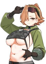 Rule 34 | 1girl, arm behind head, bathilde (girls&#039; frontline 2), breasts, closed mouth, dark skin, eyewear on head, girls&#039; frontline, girls&#039; frontline 2: exilium, goggles, green shrug, hair over one eye, highres, large breasts, mole, mole under eye, navel, plump, shenqi xiaohuang, short hair, solo, underboob, upper body