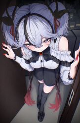 1girl absurdres bare_shoulders black_eyes black_ribbon black_shoes black_skirt black_thighhighs blush breasts camellya_(wuthering_waves) chromatic_aberration closed_mouth commentary_request doorway fingernails hair_between_eyes hair_ribbon hair_vines highres kiyokatsu_(kyktsu0908) looking_at_viewer medium_breasts nail_polish official_alternate_costume pov_doorway red_nails red_pupils red_ribbon ribbon shirt shoes short_hair skirt smile solo thighhighs thighs white_hair white_shirt wuthering_waves