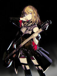 1girl 7-string_guitar absurdres bang_dream! bang_dream!_it&#039;s_mygo!!!!! black_dress black_shorts black_thighhighs blonde_hair brown_corset closed_mouth clothing_cutout commentary corset doloris_(bang_dream!) dress extended_range_guitar garter_straps guitar hair_between_eyes highres holding holding_plectrum indoors instrument lemtun long_sleeves looking_at_viewer medium_hair misumi_uika plectrum purple_eyes shorts shorts_under_dress shoulder_cutout solo symbol-only_commentary thighhighs