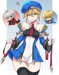 1girl 2boys beret black_thighhighs blazblue blonde_hair breasts detached_sleeves dress gloves green_eyes hat highres impossible_clothes impossible_dress kisaragi_jin long_hair multiple_boys noel_vermillion ragna_the_bloodedge short_hair small_breasts thighhighs uniform weapon white_gloves yuyuhi_gm