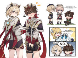 1girl 3boys 6nonnon1 ahoge barbara_(genshin_impact) beret black_gloves black_hat black_shorts blonde_hair blue_eyes brown_eyes brown_hair capelet cosplay cross dahlia_(genshin_impact) dahlia_(genshin_impact)_(cosplay) dress flower freckles freminet_(genshin_impact) gaming_(genshin_impact) genshin_impact gloves gold_trim hair_between_eyes hair_flower hair_ornament hair_over_one_eye hat highres hood hooded_jacket jacket latin_cross long_sleeves lumine_(genshin_impact) multicolored_hair multiple_boys pants pink_hair purple_eyes red_hair short_hair short_hair_with_long_locks shorts sidelocks smile white_background white_dress white_flower white_hat yellow_eyes