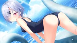 1girl all_fours arched_back artist_request ass blue_one-piece_swimsuit blush breasts cloud cloudy_sky dutch_angle game_cg grey_hair hair_over_eyes highres hoshiko_sakuya mugen_no_tir_na_nog ocean one-piece_swimsuit red_eyes short_hair sky small_breasts solo swimsuit tentacles