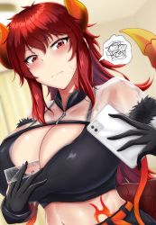 Rule 34 | 1girl, between breasts, black bra, black gloves, blush, bra, breasts, bust measuring, closed mouth, dola (6th costume) (nijisanji), dola (nijisanji), dragon girl, dragon horns, dragon tail, embarrassed, fatetan, female focus, flame print, fur-trimmed sleeves, fur trim, gloves, hair between eyes, highres, horns, huge breasts, indoors, long hair, measuring, midriff, nijisanji, partially fingerless gloves, penis measuring, red eyes, red hair, ruler, see-through clothes, shrug (clothing), solo, sports bra, sweatdrop, tail, taking picture, underwear, virtual youtuber, zipper, zipper pull tab