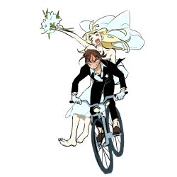 Rule 34 | 2girls, barefoot, bicycle, black jacket, black pants, black suit, blonde hair, bouquet, bridal veil, brown hair, brown shoes, clenched teeth, closed eyes, collared shirt, dress, flower, formal clothes, gloves, highres, holding, holding bouquet, jacket, long hair, multiple girls, open mouth, original, pants, riding, riding bicycle, shirt, shoes, short hair, smile, suit, suit jacket, teeth, veil, vivinos, wedding dress, white dress, white flower, white gloves, white shirt, white veil