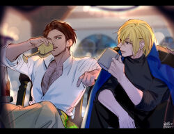 alcohol arm_up bare_pectorals black_pants black_shirt blonde_hair blue_eyes blurry blurry_background bottle brown_hair brown_pants chair chalice chest_hair claude_von_riegan claude_von_riegan_(timeskip) collarbone collared_shirt commentary commentary_request crew_neck cup dark-skinned_male dark_skin dimitri_alexandre_blaiddyd dimitri_alexandre_blaiddyd_(timeskip) english_commentary eyepatch fire_emblem fire_emblem:_three_houses green_eyes holding holding_cup looking_at_another mixed-language_commentary nintendo one_eye_covered open_clothes open_mouth open_shirt pants pectorals popped_collar shirt short_hair signature sitting sleeves_rolled_up tang_xinzi tankard teeth upper_teeth_only