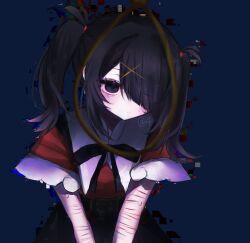 1girl 4_(nn_1_zo) ame-chan_(needy_girl_overdose) black_hair blue_background glitch hair_ornament hair_over_one_eye hands_on_lap head_tilt highres multiple_scars neck_ribbon needy_girl_overdose noose red_shirt ribbon scar scar_on_arm self-harm_scar shirt short_twintails sidelocks skirt solo suspender_skirt suspenders twintails upper_body winged_sleeves x_hair_ornament