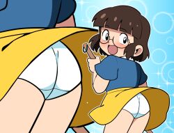 1girl ass black_eyes blue_background blue_shirt blush broom brown_hair bubble_background from_behind glasses holding holding_broom loli looking_at_viewer looking_back multiple_views open_mouth original panties shirt short_hair skirt sparkle sparkle_background standing surprised underwear white_panties wind wind_lift yellow_skirt yume_yoroi