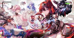 3girls abby_(wuthering_waves) anniversary bare_shoulders black_collar black_hairband black_shorts blue_flower blurry blurry_foreground body_markings braid brant_(wuthering_waves) breasts cake calcharo_(wuthering_waves) camellya_(wuthering_waves) cantarella_(wuthering_waves) carlotta_(wuthering_waves) cartethyia_(wuthering_waves) changli_(wuthering_waves) chromatic_aberration circle_facial_mark closed_mouth collar commentary_request cube cube_(wuthering_waves) dress earrings facial_mark flower flying_sweatdrops food grin hair_between_eyes hair_extensions hair_flower hair_ornament hairband headdress highres jewelry jinhsi_(wuthering_waves) large_breasts long_hair looking_at_viewer mark_under_both_eyes multicolored_hair multiple_girls objectification open_mouth orange_eyes phoebe_(wuthering_waves) pink_hair pointy_ears purple_eyes purple_hair red_hair ring_hair_extensions roccia_(wuthering_waves) rover_(wuthering_waves) shorekeeper_(wuthering_waves) shorts skindentation smile soare_lucien tacet_mark_(wuthering_waves) thighs twin_braids two-tone_hair very_long_hair viewfinder white_dress white_hair wuthering_waves yinlin_(wuthering_waves) zani_(wuthering_waves) zapstring_(wuthering_waves)