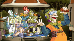 1girl 3boys alien ayla_(chrono_trigger) ayla_(chrono_trigger)_(cosplay) bender_bending_rodriguez blonde_hair breasts character_request chrono_(series) chrono_trigger coke-bottle_glasses cosplay crab crono_(chrono_trigger) crono_(chrono_trigger)_(cosplay) crossover cyclops forest frog frog_(chrono_trigger) frog_(chrono_trigger)_(cosplay) futurama glasses hands_on_own_hips high_ponytail hubert_j_farnsworth john_a_zoidberg large_breasts lipstick lucca_ashtear lucca_ashtear_(cosplay) makeup midriff multiple_boys nature old old_man on_one_knee one-eyed parody philip_j_fry ponytail robo_(chrono_trigger) robo_(chrono_trigger)_(cosplay) robot smile spoilers sword tail turanga_leela weapon