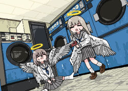 2girls absurdres angel angel_wings blue_neckerchief brown_shoes dutch_angle emesan_desu feathered_wings grey_sailor_collar grey_skirt hair_dryer halo highres holding holding_hair_dryer indoors laundromat loafers long_hair long_sleeves miniskirt multiple_girls neckerchief original pleated_skirt sailor_collar school_uniform serafuku shirt shoes sitting skirt socks standing traditional_halo wet wet_clothes white_shirt white_socks white_wings wings