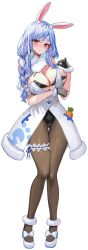 1girl animal_ears blue_hair breasts cosplay extra_ears fur-trimmed_gloves fur_trim gloves highres hololive knees_together_feet_apart large_breasts leotard long_hair looking_at_viewer multicolored_hair pantyhose pekomama rabbit_ears rum_raisin_(chihiromakita19) simple_background solo strapless strapless_leotard thick_eyebrows two-tone_hair usada_pekora usada_pekora_(1st_costume) usada_pekora_(cosplay) virtual_youtuber white_background white_hair
