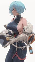Rule 34 | 1girl, absurdres, bare shoulders, black bodysuit, blue hair, bodysuit, breasts, brown eyes, closed mouth, elbow gloves, free style (yohan1754), from side, gloves, hair between eyes, helmet, highres, holding, holding helmet, jacket, large breasts, looking ahead, original, short hair, sideboob, solo, space helmet, spacesuit, white background, white gloves, white jacket