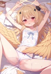 1girl 1other absurdres arms_up blonde_hair bow bow_panties camisole censored chucolala clothing_aside commentary_request commission cum cum_in_mouth cum_on_body cum_on_chest cum_on_clothes cum_on_legs cum_on_wings disembodied_hand double_halo facial feathered_wings flat_chest halo head_on_pillow highres kohaku_rinne large_variant_set loli long_hair looking_at_viewer low_wings lying mosaic_censoring on_back one_side_up panties panties_aside pillow pixiv_commission pussy pussy_juice red_bow red_eyes solo_focus spread_legs suzumiya_rin underwear variant_set virtual_youtuber white_camisole white_panties wings yellow_halo yellow_wings