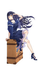 1girl absurdres adjusting_hair arm_at_side black_camisole black_choker black_hair black_hairband black_shoes black_skirt blue_capelet blush bone_hair_ornament breasts camisole capelet chinese_commentary choker closed_mouth collarbone commentary floating_hair frilled_capelet frilled_choker frills from_side full_body hair_between_eyes hair_ornament hairband hand_up high_heels highres knee_up kushima_kamome large_breasts long_hair looking_at_viewer medium_skirt ringed_eyes rolling_suitcase shoes simple_background sitting skirt skull_and_crossbones smile solo split_mouth star_(symbol) star_hair_ornament straight_hair suitcase summer_pockets user_xnkx8754 very_long_hair white_background wind yellow_eyes