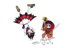 2girls ahoge antenna_hair arms_behind_head arrow_(symbol) arrow_print barefoot black_dress black_hair black_hat blue_bow blue_bowtie bow bowl bowl_hat bowtie brown_sandals cross-laced_clothes demon_horns double_dealing_character dress fighting_stance floating frilled_skirt frills hand_up hat height_difference holding holding_mallet holding_needle holding_sewing_needle holding_weapon horns japanese_clothes kijin_seija kimono lace lace-trimmed_dress lace_trim large_ribbon mallet mini_person minigirl miracle_mallet multicolored_dress multicolored_hair multiple_girls needle obi open_mouth parted_bangs print_dress puffy_short_sleeves puffy_sleeves purple_hair red_dress red_eyes red_hair red_kimono red_streaks sandals sash sewing_needle short_hair short_sleeves signature simple_background skirt smile streaked_hair sukuna_shinmyoumaru teeth touhou upside-down waist_ribbon weapon white_background white_dress white_hair white_horns white_skirt yoiy_san