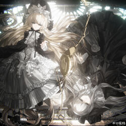 2girls absurdres ascot black_coat black_dress black_shoes blonde_hair blunt_bangs bonnet bow bowtie chain chain_necklace coat coin commentary cross cross_necklace dress dual_persona expressionless film_strip frilled_dress frills full_body gosick gothic_lolita grey_eyes grey_hair highres hime_cut jewelry lolita_fashion long_dress long_hair looking_at_viewer multiple_girls necklace pantyhose pleated_dress ribbon rotational_symmetry shaded_face shoes unworn_jewelry unworn_necklace upside-down very_long_hair victorica_de_blois watermark weibo_watermark white_dress white_pantyhose zadun
