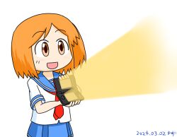 Rule 34 | 1girl, blue skirt, brown eyes, brown hair, handheld game console, nintendo ds, sailor collar, skirt