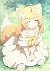1girl ahoge animal_ear_fluff animal_ears bare_shoulders blonde_hair bow closed_eyes closed_mouth commentary_request commission dress facing_viewer fox_ears fox_girl highres long_hair on_grass original outdoors skeb_commission smile solo tyomimas variant_set white_dress yellow_bow