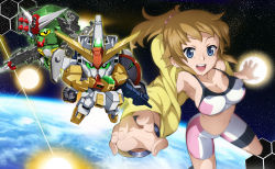 Rule 34 | 10s, 1girl, :d, bad id, bad pixiv id, bike shorts, blue eyes, breasts, brown hair, cleavage, command gundam, earth (planet), female focus, foreshortening, gundam, gundam build fighters, gundam build fighters try, gunpla, hoshino fumina, jacket, jet yowatari, large breasts, midriff, model kit, navel, open mouth, planet, ponytail, sd gundam, smile, solo, space, sports bra, two-tone sports bra, winning gundam