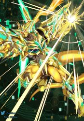 absurdres armor aura colored_skin digimon digimon_(creature) dragon full_body gold_armor gold_helmet green_background highres magnamon magnamon_x-antibody red_eyes richard_park solo yellow_skin