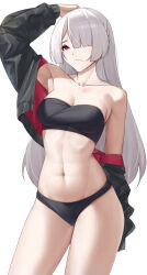 1girl absurdres ak-15_(girls&#039;_frontline) arm_up armpits bandeau bare_shoulders black_jacket breasts casperrin cleavage commentary cowboy_shot girls&#039;_frontline grey_hair hair_over_one_eye highres jacket long_hair long_sleeves looking_at_viewer navel off_shoulder purple_eyes simple_background solo standing stomach strapless thighs tube_top very_long_hair white_background