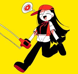 Rule 34 | 1girl, backwards hat, baseball cap, black gloves, black hair, black pants, black shirt, black shoes, butcher vanity (synthesizer v), closed eyes, crop top, drooling, food, gloves, hat, highres, holding saw, jacket, leg up, long hair, meat, mole, mole above eye, navel, negitoro (ntlrjqsolnlijmr), open clothes, open jacket, open mouth, pants, red hat, red trim, running, shirt, shoes, short sleeves, simple background, solo, speech bubble, spoken food, synthesizer v, vimalion pro, white jacket, yellow background, yi xi (synthesizer v)