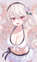 1girl absurdres armpits arms_up bare_arms bare_shoulders bikini bikini_skirt black_hairband blush breasts cleavage commentary_request corrin_(female)_(fire_emblem) corrin_(female)_(novice_vacationer)_(fire_emblem) corrin_(fire_emblem) fire_emblem fire_emblem_fates fire_emblem_heroes flower front-tie_bikini_top front-tie_top grey_hair hair_between_eyes hair_flower hair_ornament hairband highres large_breasts long_hair looking_at_viewer n_54 navel nintendo official_alternate_costume open_mouth pointy_ears rabbit_pose red_eyes sideboob skindentation smile solo stomach swimsuit wet white_bikini white_hair