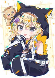 1girl :d absurdres animal_hood aramedraw bare_shoulders black_jacket black_sleeves blonde_hair blush border cat_hood commentary_request cropped_torso detached_sleeves grey_eyes hair_between_eyes hair_ornament hand_up highres hood hood_up jacket long_hair long_sleeves looking_at_viewer noripro open_mouth outside_border regrush_lionheart sleeveless sleeveless_jacket sleeves_past_fingers sleeves_past_wrists smile solo virtual_youtuber white_border x_hair_ornament yellow_background