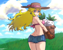1girl akairiot artist_name ass back bare_back bare_shoulders basket blonde_hair blue_eyes blue_sky breasts butt_crack cloud crop_top denim denim_shorts dimples_of_venus female_focus field gloves grass hat highres huge_ass long_hair looking_at_viewer looking_back mario_(series) midriff naughty_face nintendo outdoors princess_peach short_shorts shorts sideboob signature sky smile solo strapless sun_hat sunlight super_mario_bros._1 super_mario_bros._2 thick_thighs thighs turnip wide_hips