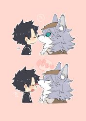 2boys absurdres animal_ear_fluff animal_ears ascot black_hair black_shirt blush brown_hat brown_jacket chibi chibi_only closed_eyes commentary dog_nose fate/grand_order fate_(series) fujimaru_ritsuka_(male) fur-trimmed_jacket fur_trim furry furry_male green_eyes grey_fur grey_hair hat highres jacket licking licking_another&#039;s_face long_hair looking_at_another male_focus mitsuya_bonjin multiple_boys patxi_(fate) pink_background shirt speech_bubble tongue tongue_out translated wolf_boy wolf_ears yaoi