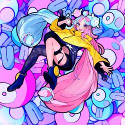 Rule 34 | 1girl, absurdres, bow-shaped hair, character hair ornament, gen 1 pokemon, gorakugoten, hair ornament, hexagon print, highres, iono (pokemon), jacket, long hair, low-tied long hair, magnemite, multicolored hair, nintendo, oversized clothes, pokemon, pokemon (creature), pokemon sv, sharp teeth, single leg pantyhose, split-color hair, teeth, two-tone hair, very long sleeves, yellow jacket